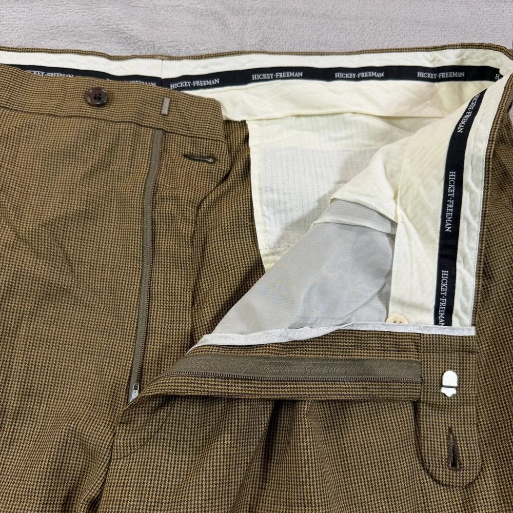 Vintage Hickey Freeman Mens 38x34 Brown Micro Check Pleated Wool Dress Pants EUC